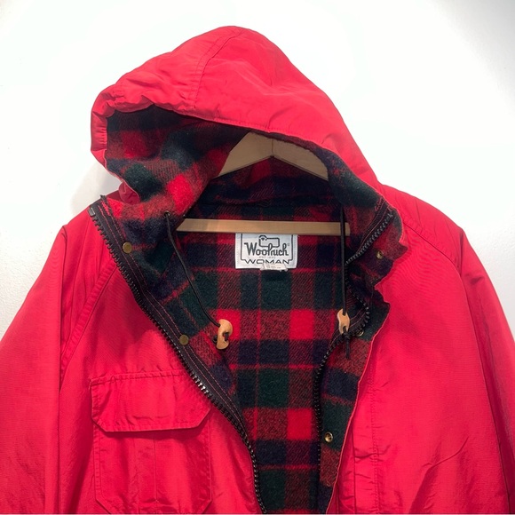 Vintage Woolrich Wool with Plaid Lining Hooded Parka Chore Jacket Coat Red M - Picture 7 of 12